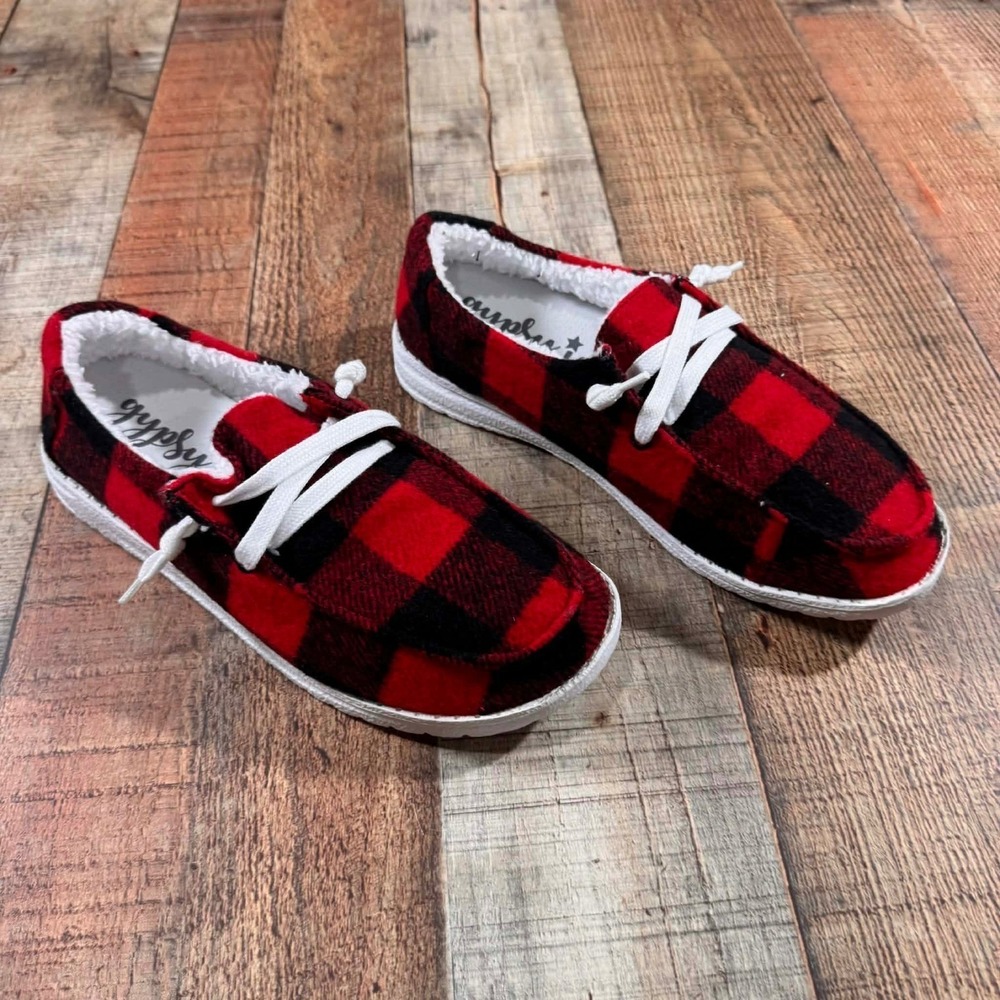 Gypsy Jazz Riley Buffalo Plaid Shoes 8 Slip On Lace Holiday Winter Casual